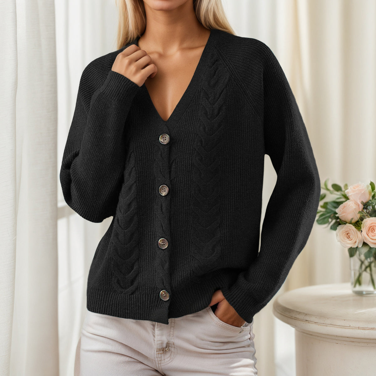 Gilet en Maille Torsadée à Col V Boutonné