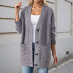 Gilet Oversize en Maille Torsadée Col V, Boutons et Poches