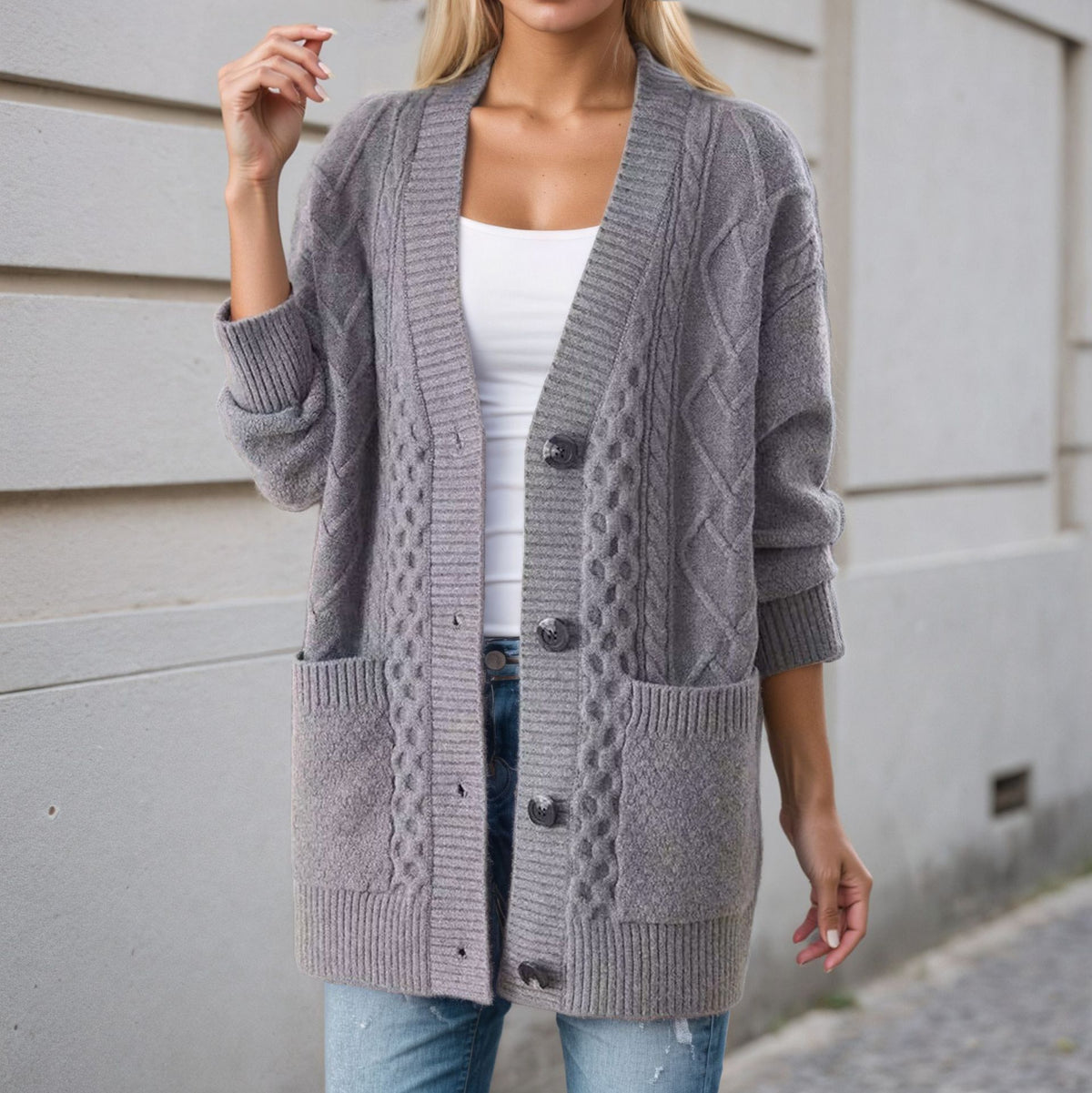 Gilet Oversize en Maille Torsadée Col V, Boutons et Poches