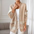 Pull Femme à Col V Color Block Manches Longues