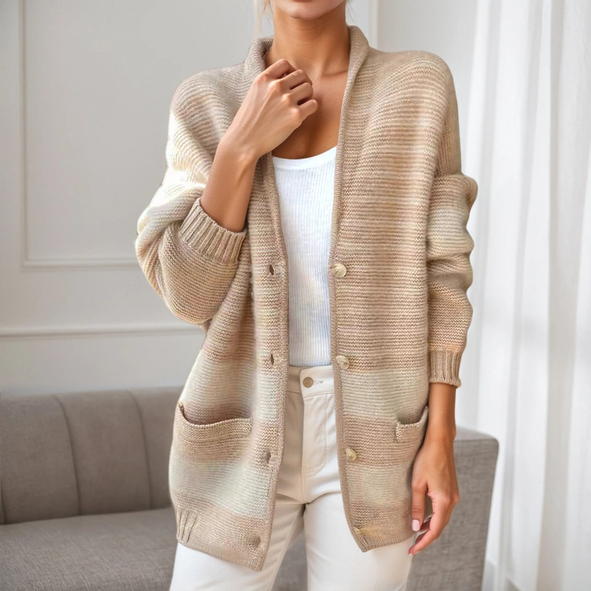 Pull Femme à Col V Color Block Manches Longues
