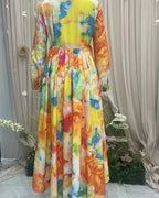 Robe Chemise Longue à Imprimé Floral Manches Bouffantes