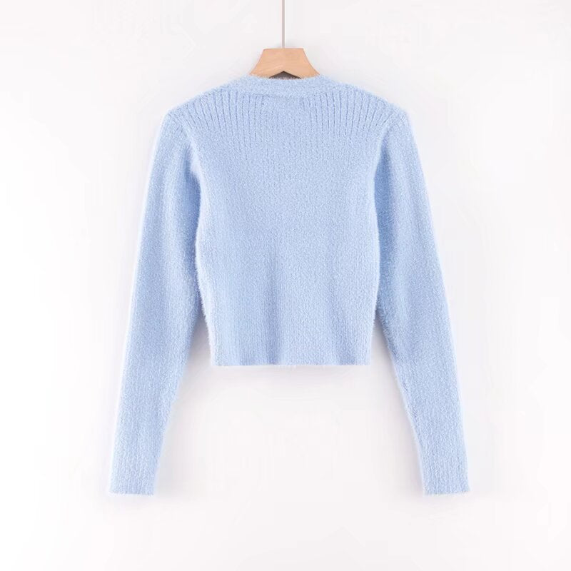 Gilet Court en Maille Douce et Duveteuse Col V et Manches Longues