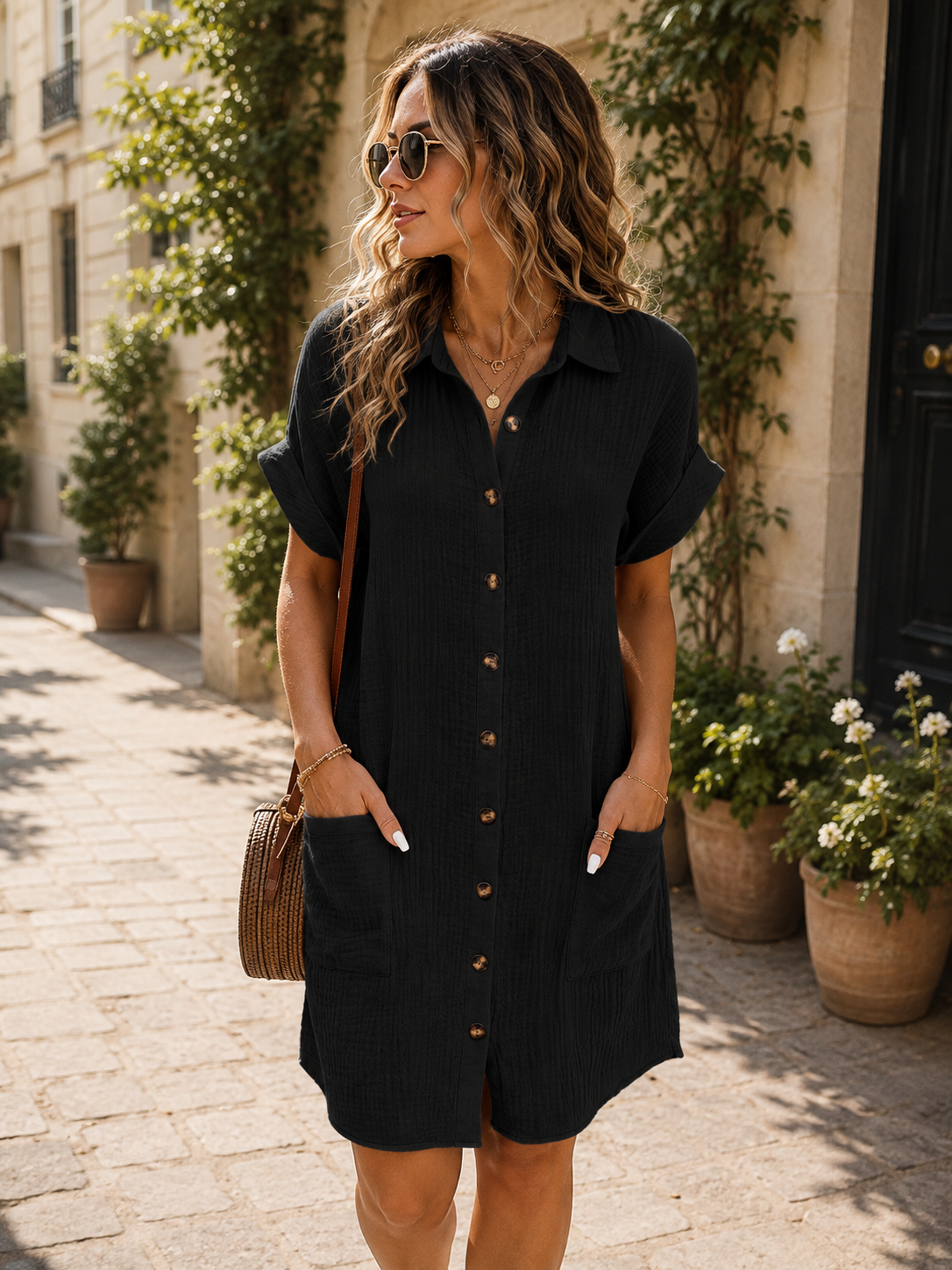 Robe Chemise Tunique Ample à Boutons et Poches