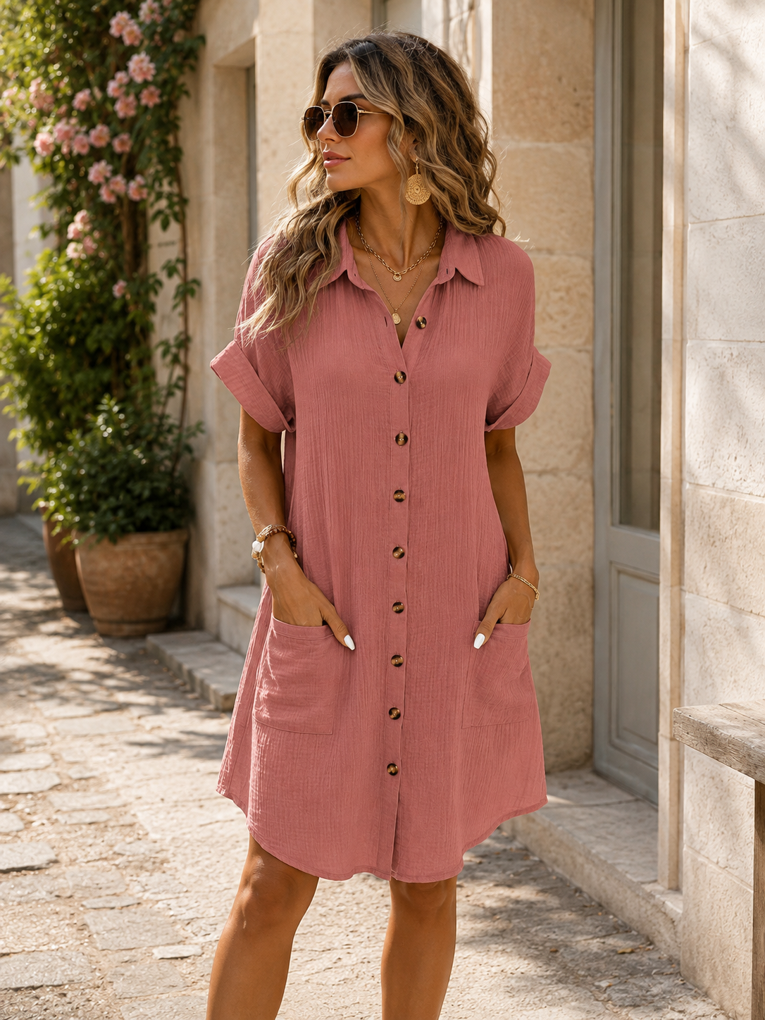 Robe Chemise Tunique Ample à Boutons et Poches