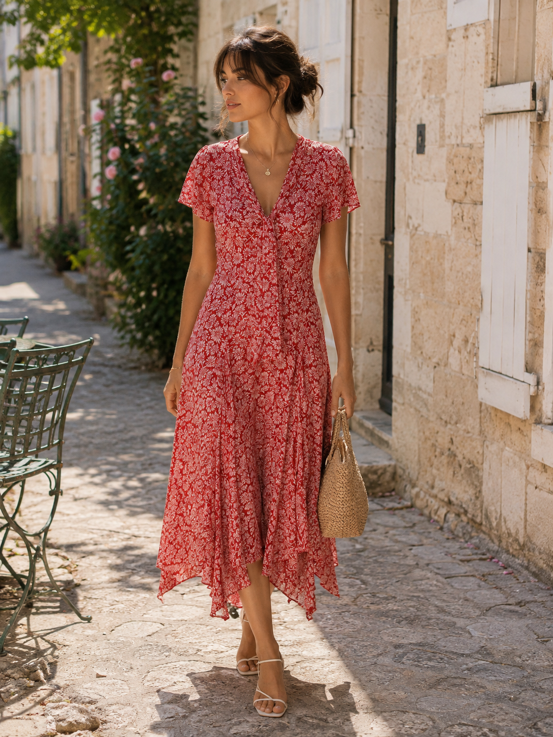 Robe Midi Fleurie Rouge à Col Noué Manches Volantées