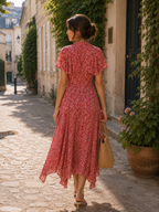 Robe Midi Fleurie Rouge à Col Noué Manches Volantées