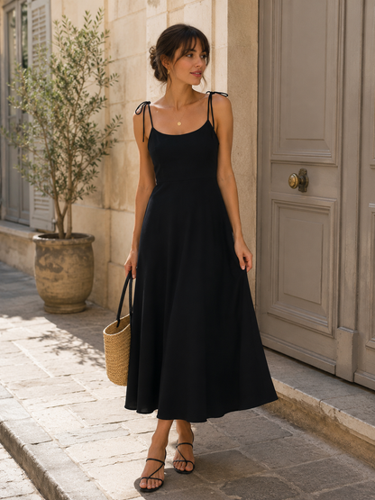 Robe Midi Noire à Bretelles à Nouer Coupe Évasée