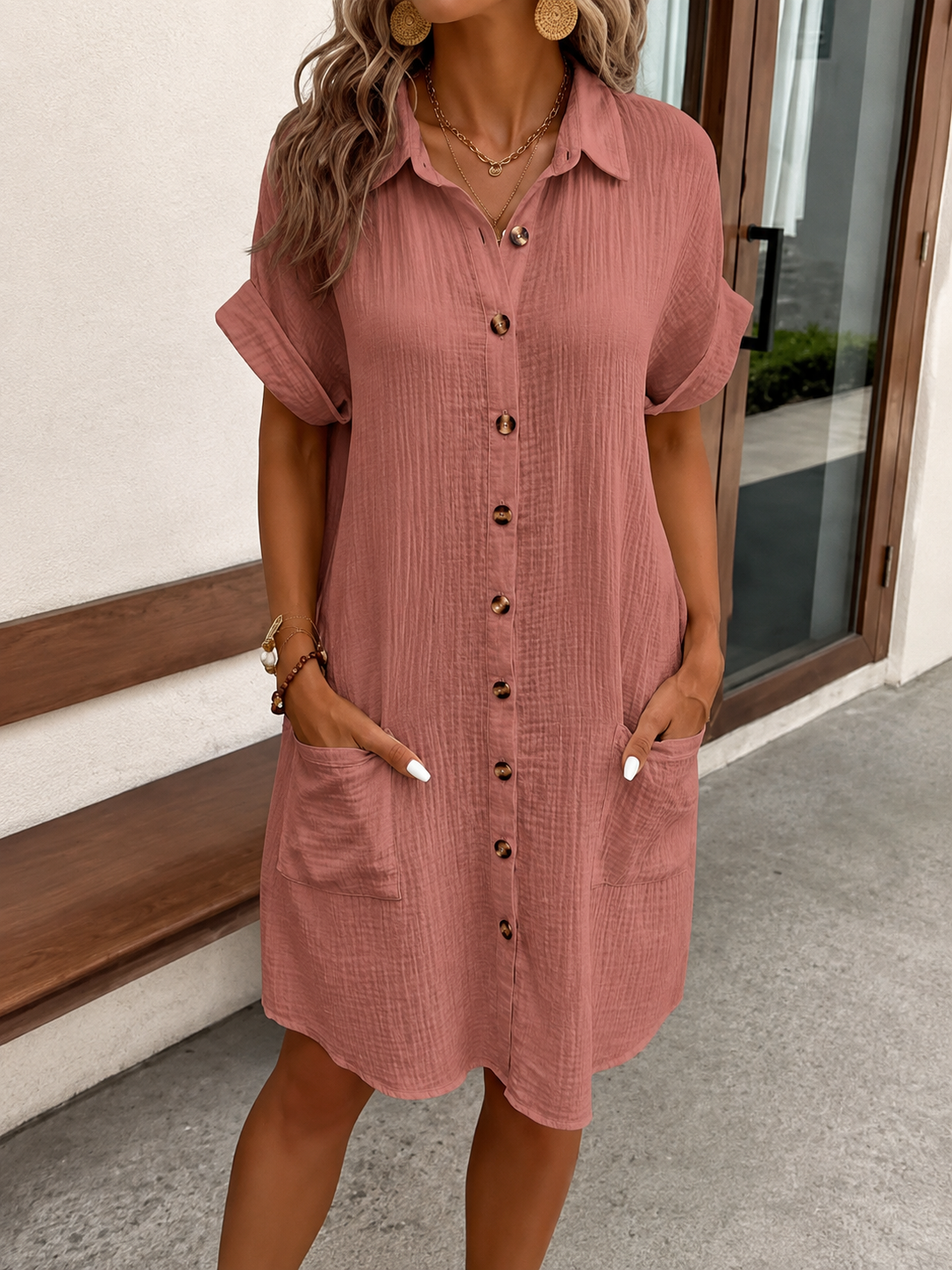 Robe Chemise Tunique Ample à Boutons et Poches