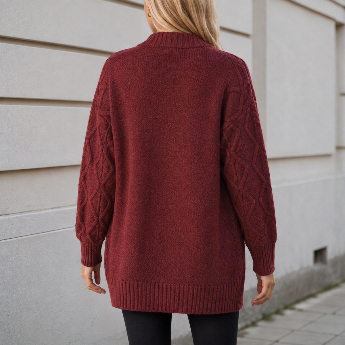 Gilet Oversize en Maille Torsadée Col V, Boutons et Poches