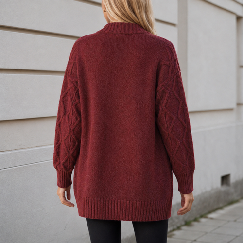 Gilet Oversize en Maille Torsadée Col V, Boutons et Poches