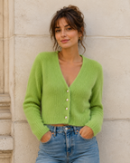 Gilet Court en Maille Douce et Duveteuse Col V et Manches Longues