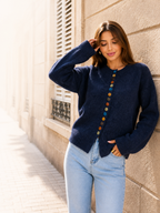 Cardigan en Maille Douce à Boutons Colorés Col Rond