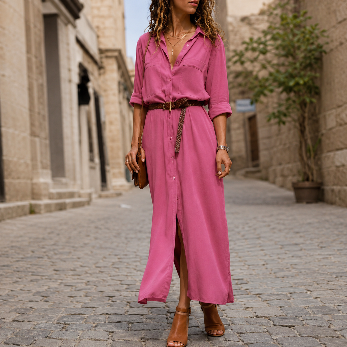 Robe Chemise Midi à Boutons Col Classique