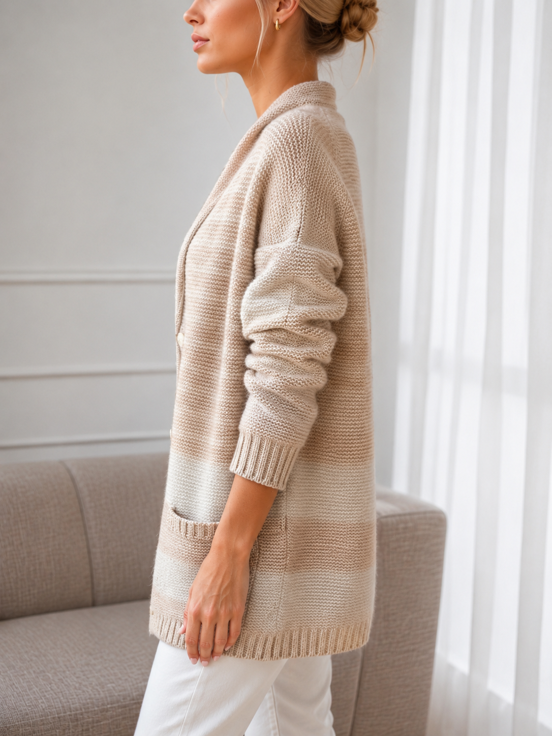 Pull Femme à Col V Color Block Manches Longues