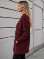 Gilet Oversize en Maille Torsadée Col V, Boutons et Poches