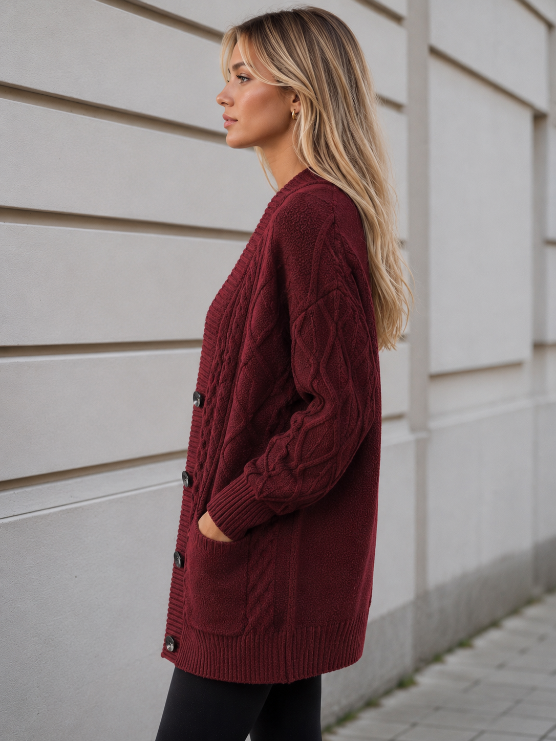 Gilet Oversize en Maille Torsadée Col V, Boutons et Poches